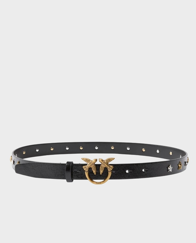 Czarny pasek z klamrą Love Birds i ćwiekami