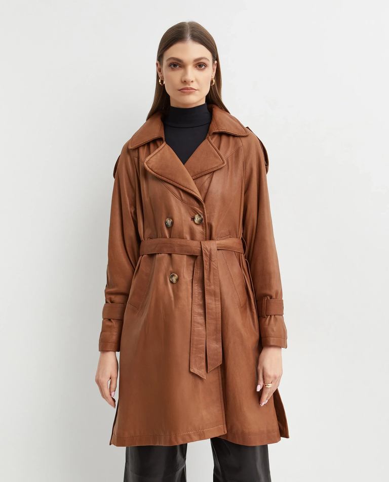 Karmelowy skórzany płaszcz Mara