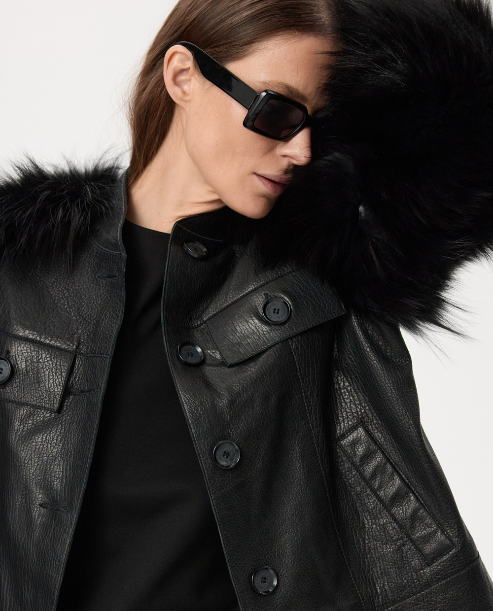 Skórzana kurtka z futrzanymi rękawami - Image #4