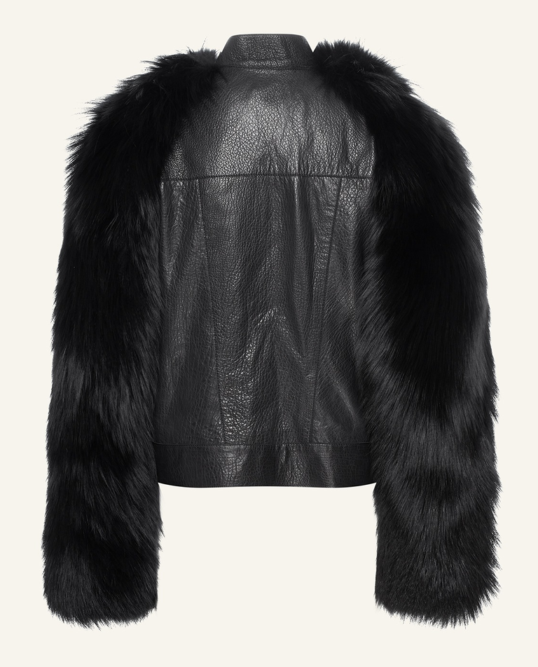 Skórzana kurtka z futrzanymi rękawami - Image #9