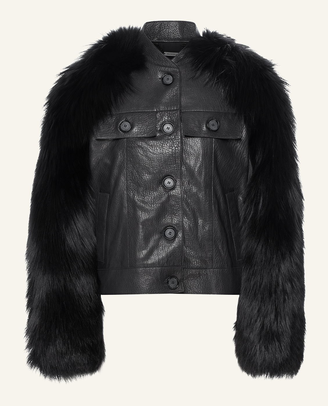 Skórzana kurtka z futrzanymi rękawami - Image #8