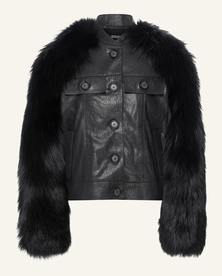 Skórzana kurtka z futrzanymi rękawami - Image #8