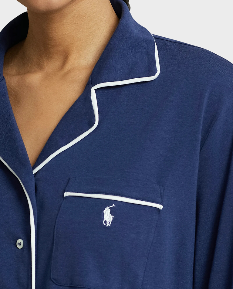 Granatowa długa piżama z kołnierzem