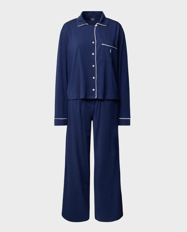 Granatowa długa piżama z kołnierzem