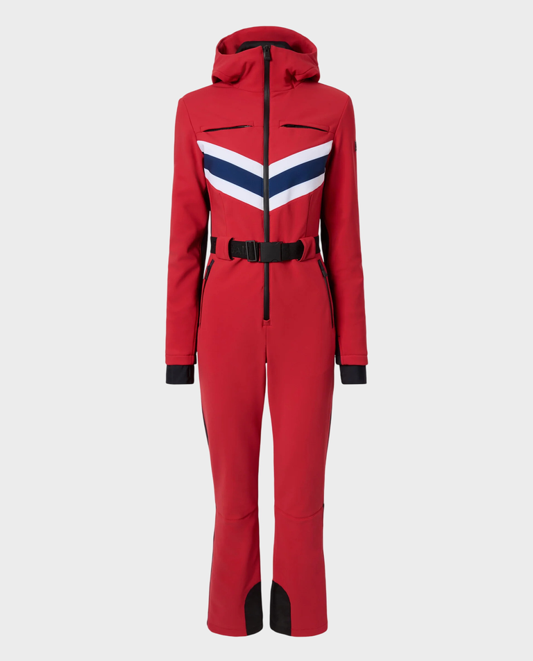 Czerwony kombinezon narciarski z technologią Recco