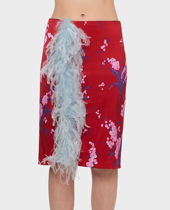 Czerwona spódnica z ozdobnym piórem