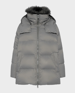Szara kurtka puchowa z futrzanym kołnierzem - Image #0