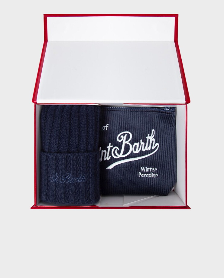 Zestaw prezentowy z granatową czapką i saszetką