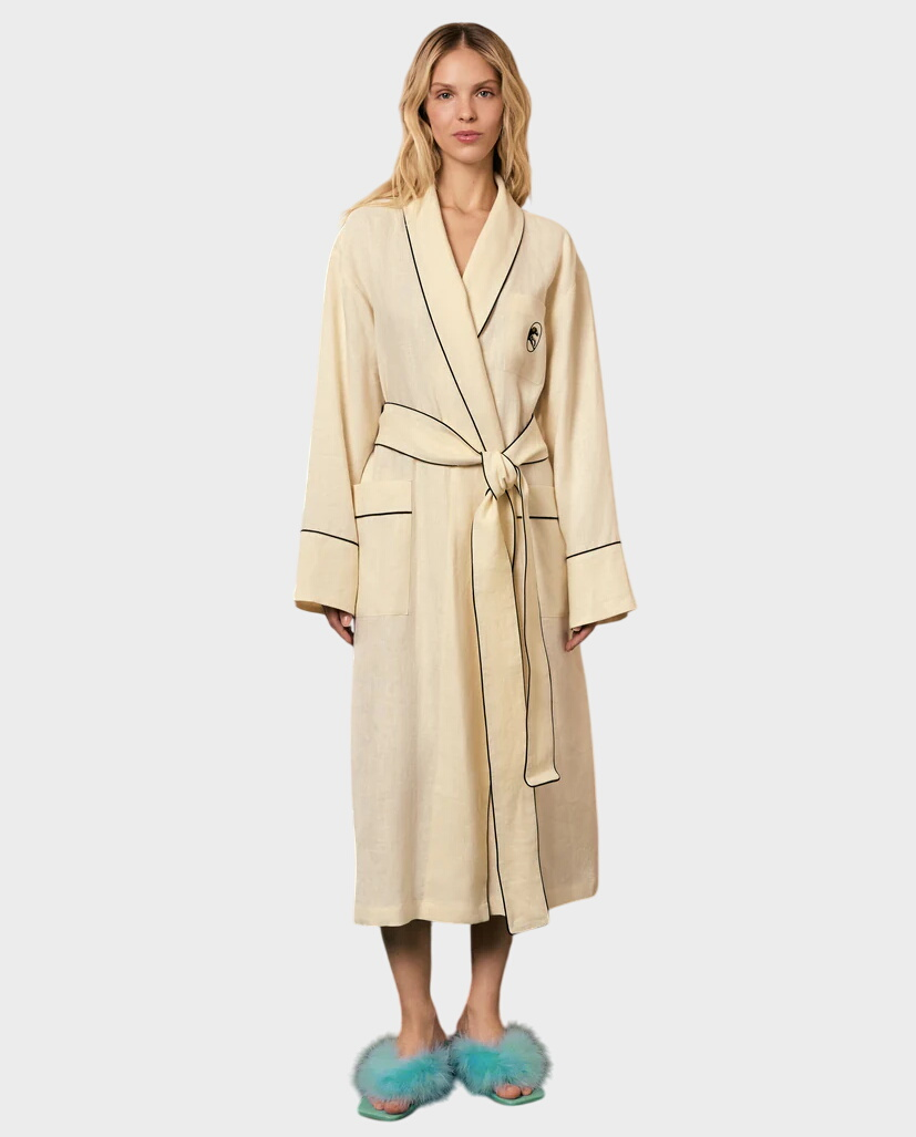 Lniany szlafrok z kontrastową lamówką Paros - Image #0