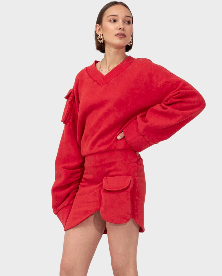 Czerwona sukienka z kieszeniami KNOT