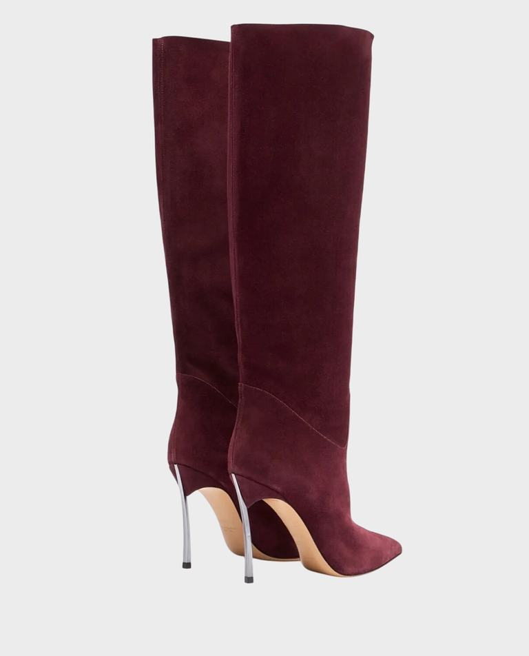 Burgundowe zamszowe kozaki na ozdobnej szpilce