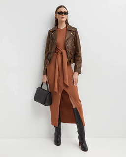 Brązowa skórzana kurtka typu biker - Image #4