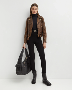 Brązowa skórzana kurtka typu biker - Image #3