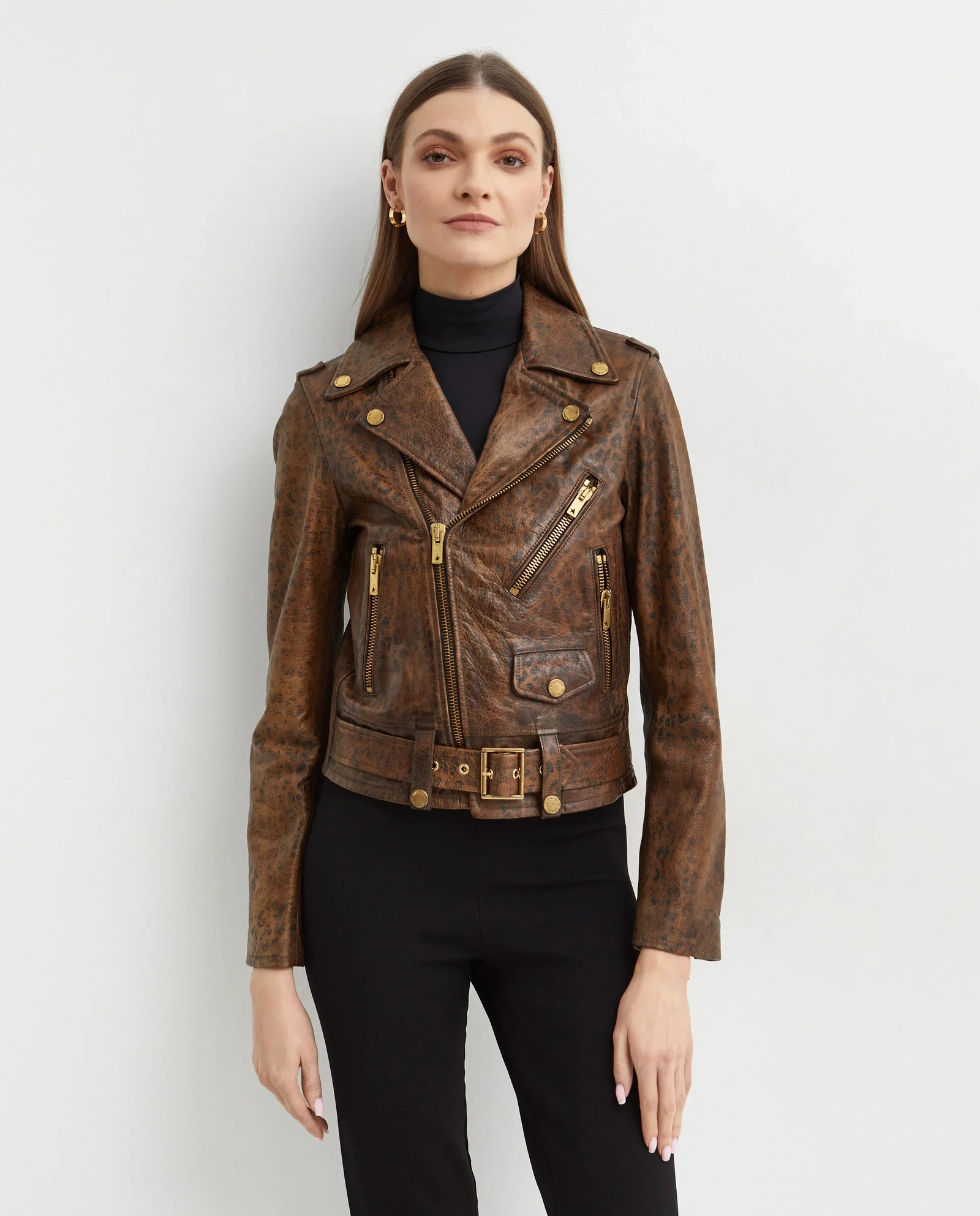 Brązowa skórzana kurtka typu biker - Image #0