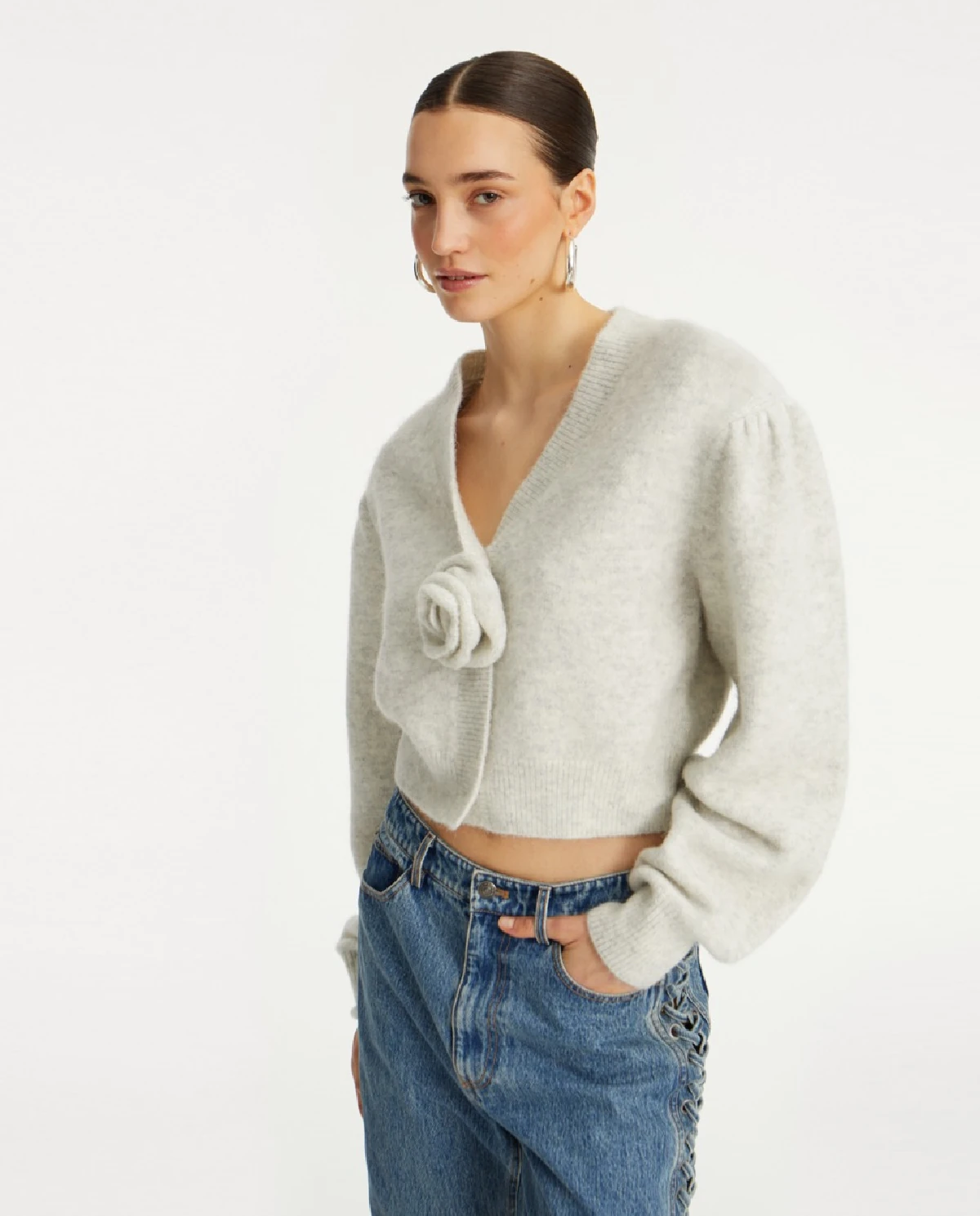 Dzianinowy kardigan z bufiastymi rękawami - Image #2