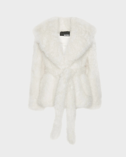 Biała futrzana kurtka z paskiem - Image #0