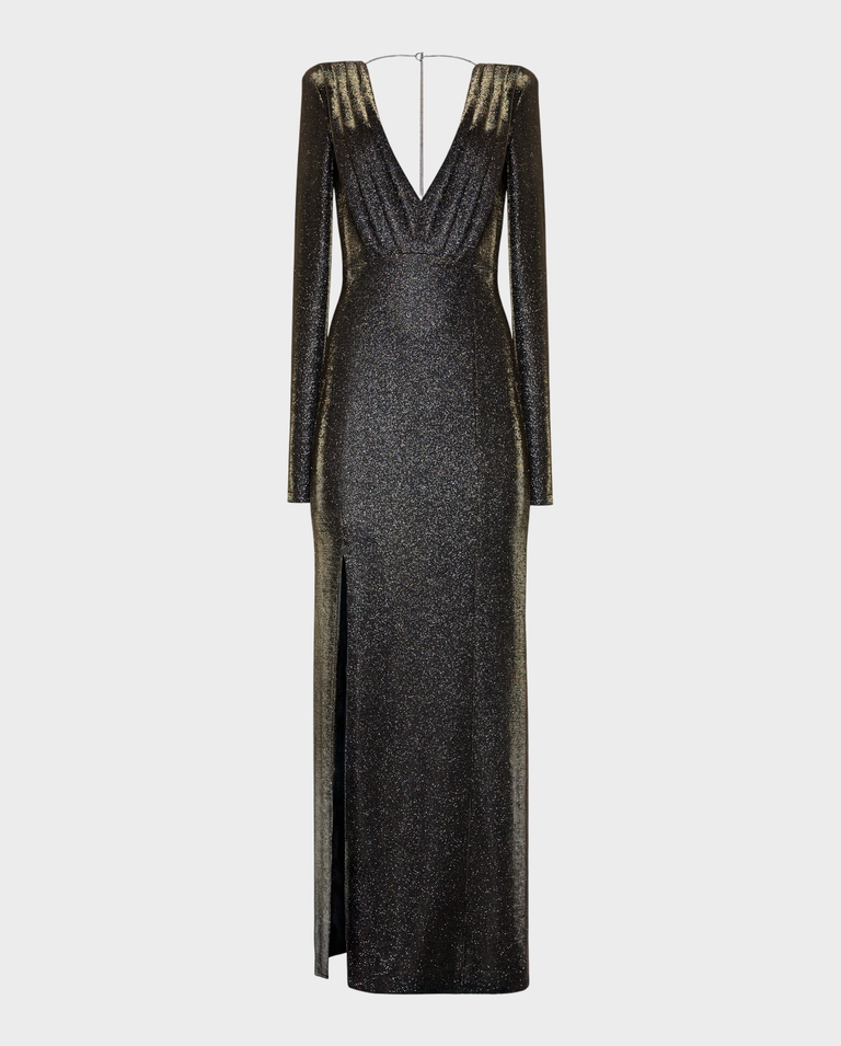 Długa błyszcząca sukienka z rozcięciem