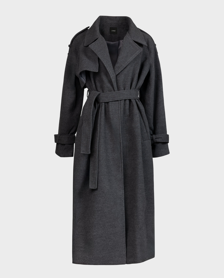 Dwurzędowy szary płaszcz z paskiem