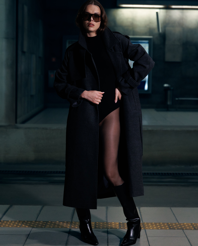 Dwurzędowy szary płaszcz z paskiem - Image #2