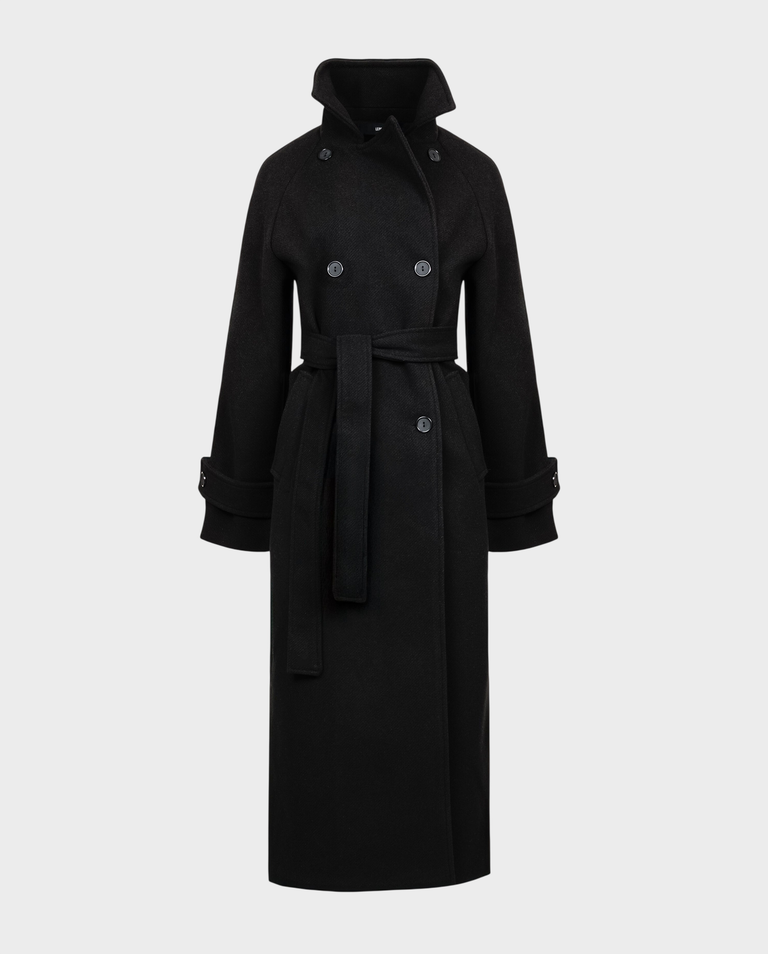 Dwurzędowy czarny płaszcz z paskiem