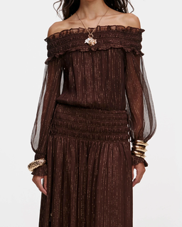 Brązowa sukienka maxi z odkrytymi ramionami - Image #3