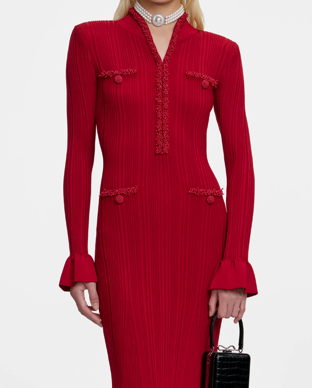 Czerwona dzianinowa sukienka midi - Image #3