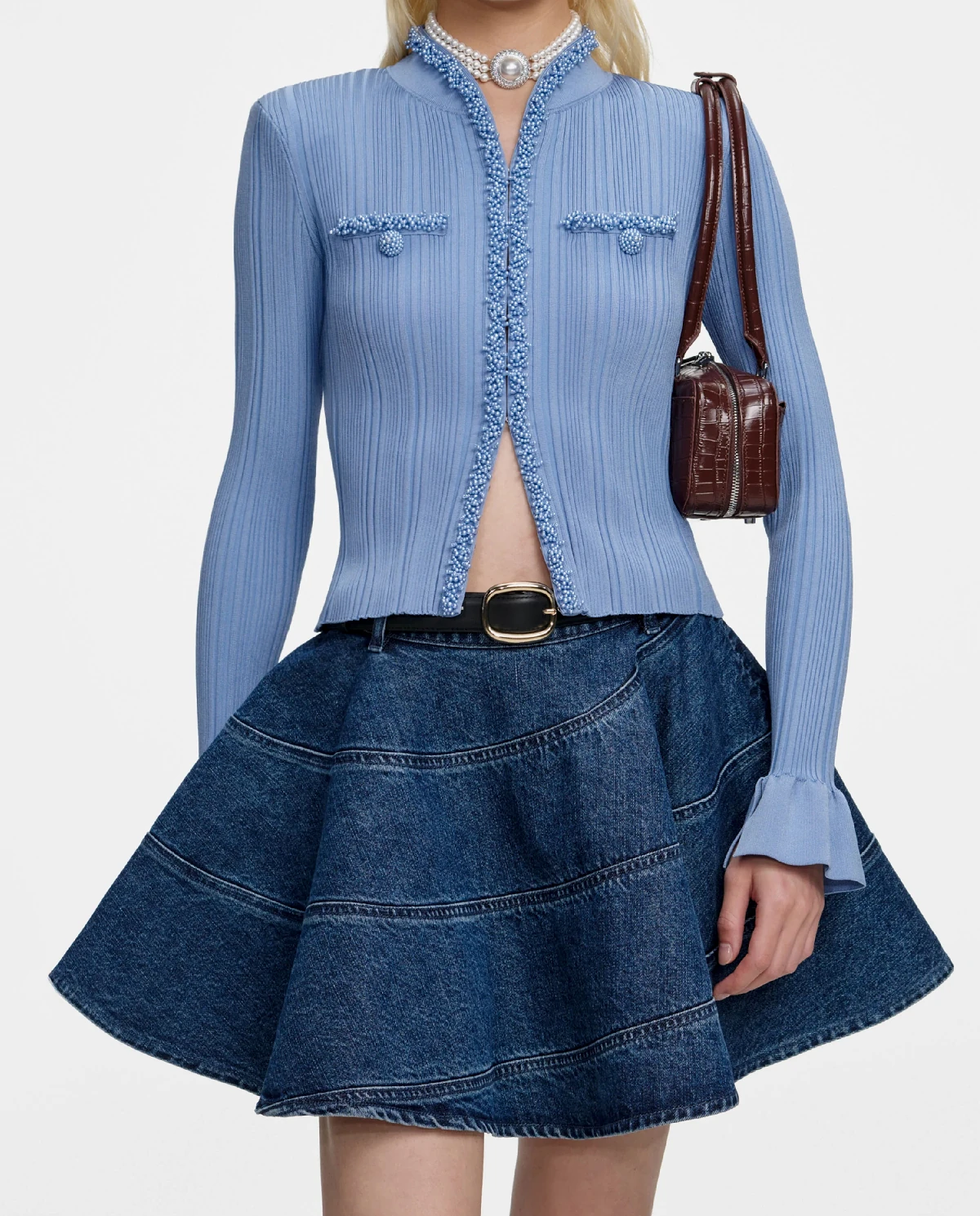 Niebieski kardigan z perłowym wykończeniem - Image #3