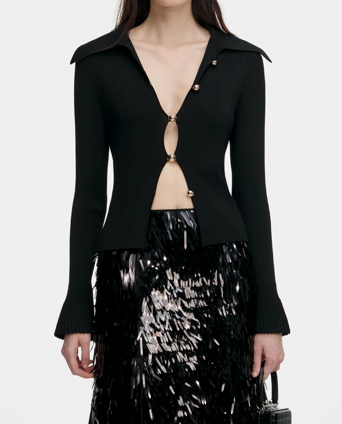 Czarny dzianinowy top na guziki - Image #3