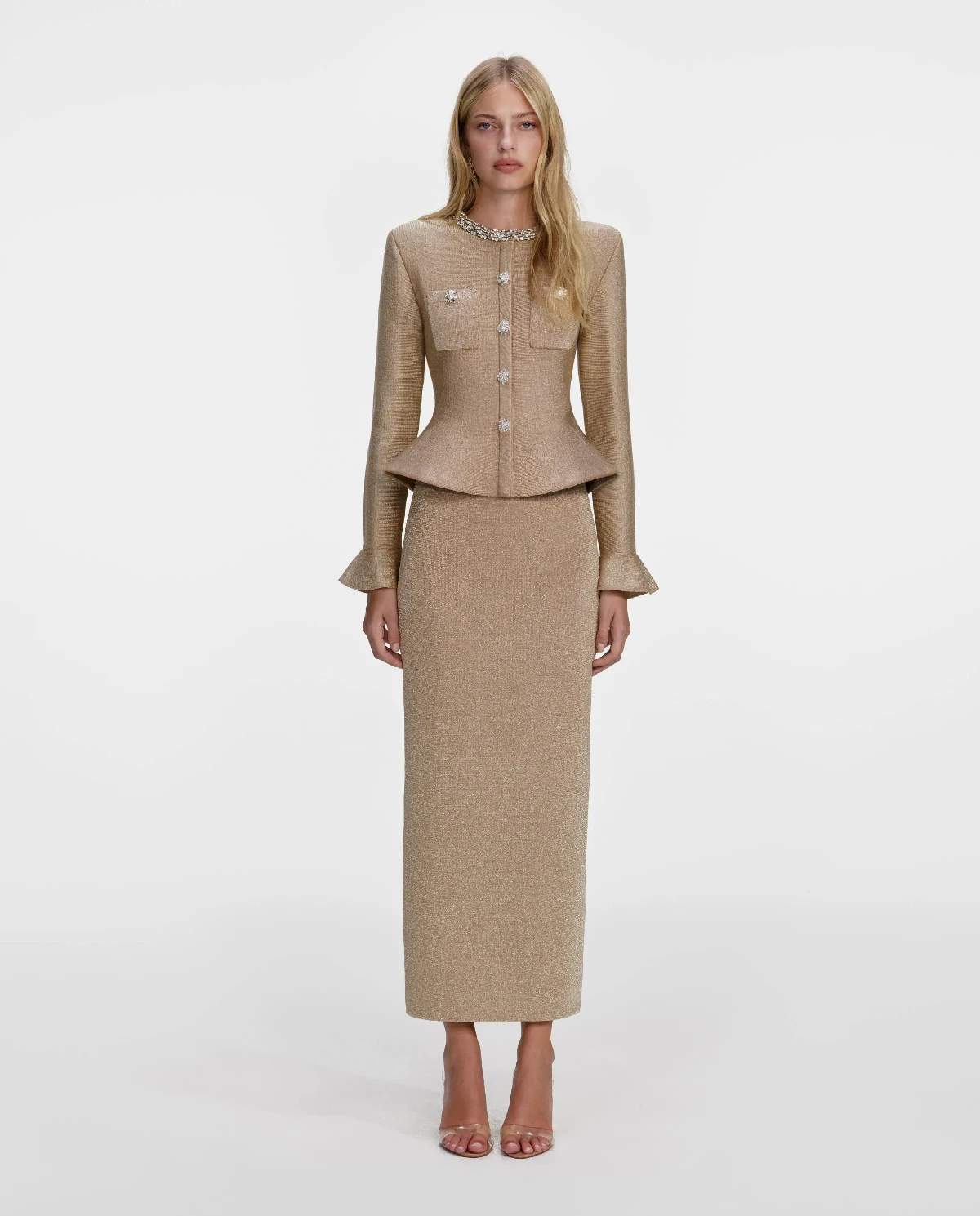 Złota sukienka midi z kryształkami - Image #0