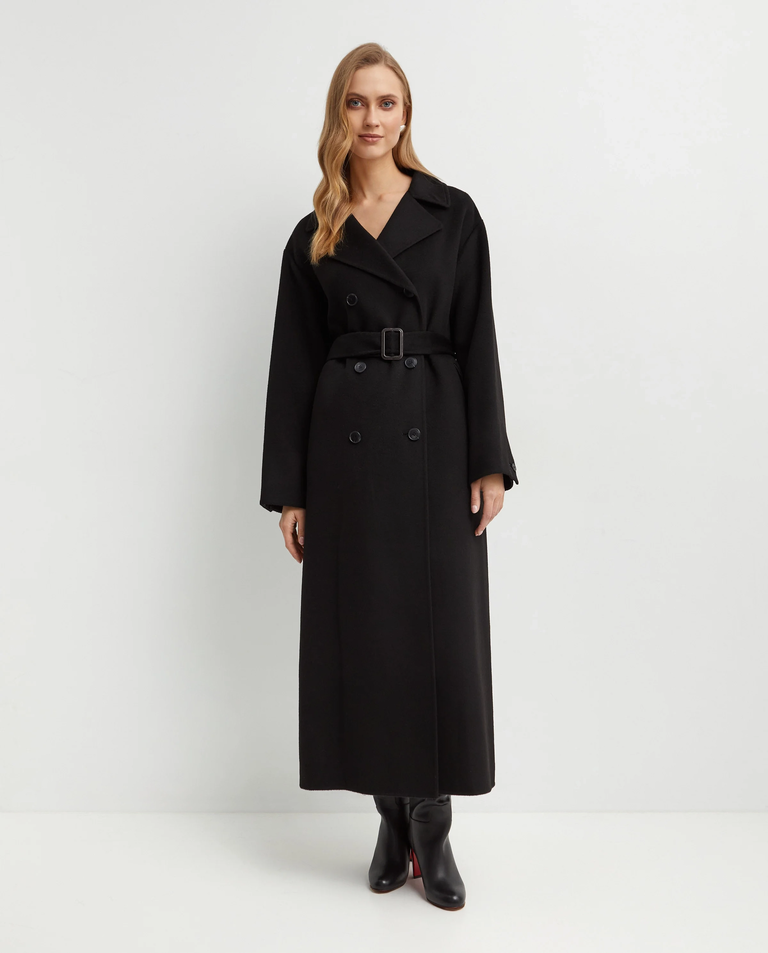 Czarny dwurzędowy trencz