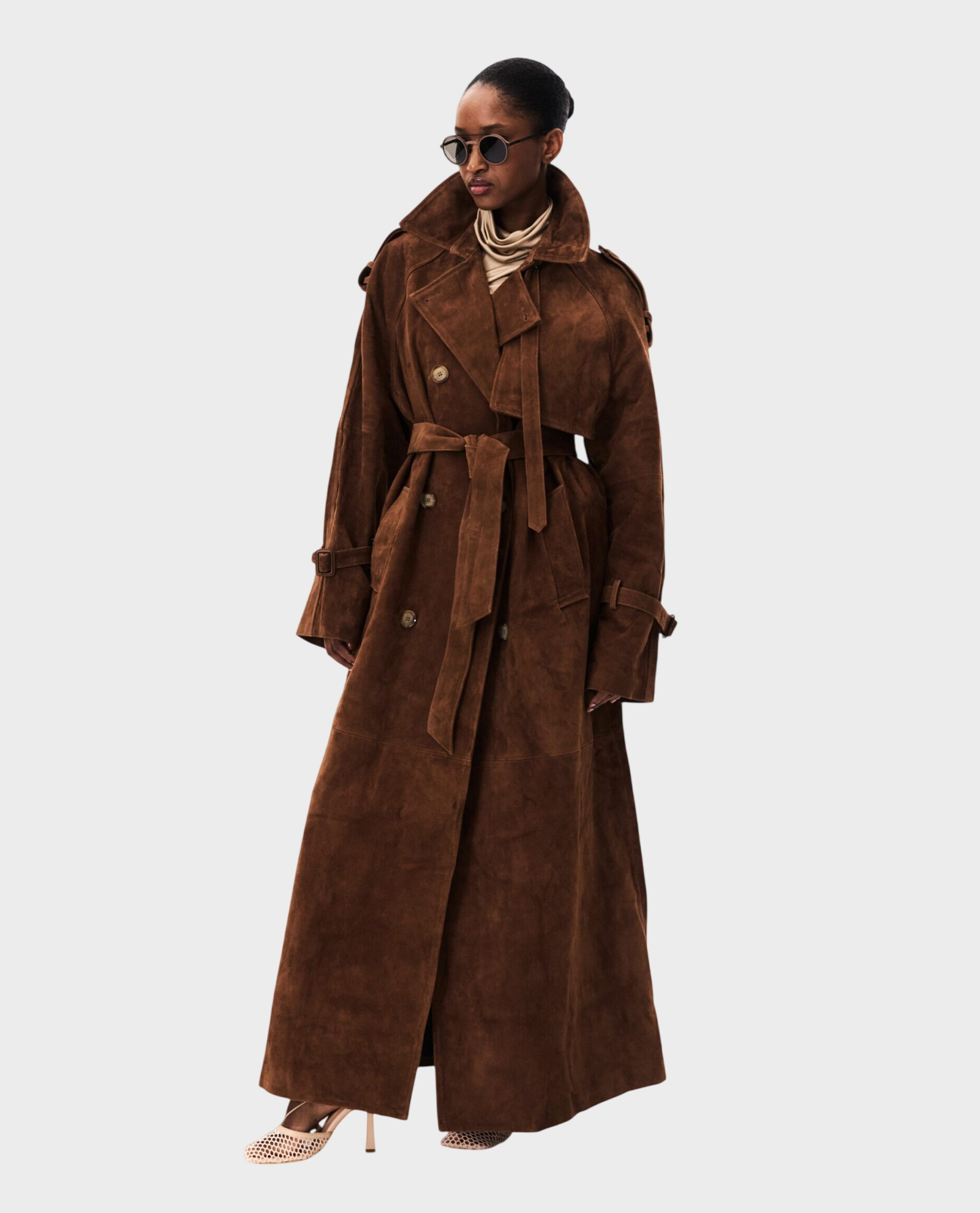 Brązowy skórzany płaszcz z paskiem - Image #0