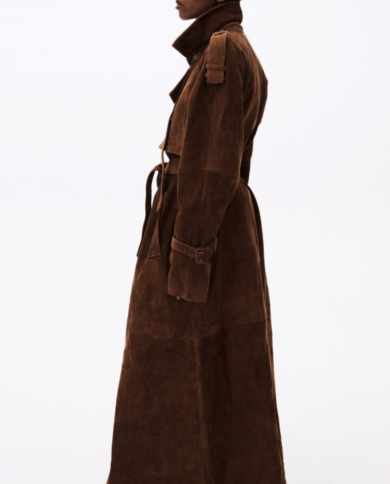 Brązowy skórzany płaszcz z paskiem - Image #2