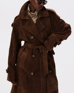 Brązowy skórzany płaszcz z paskiem - Image #1