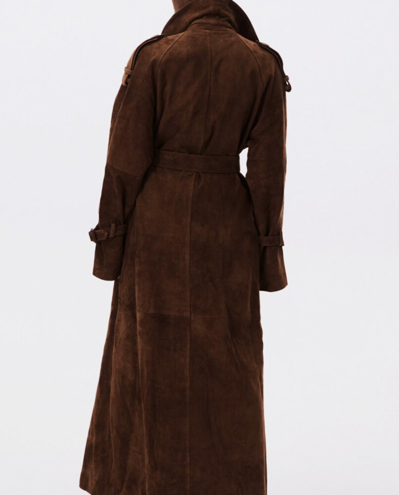 Brązowy skórzany płaszcz z paskiem - Image #3