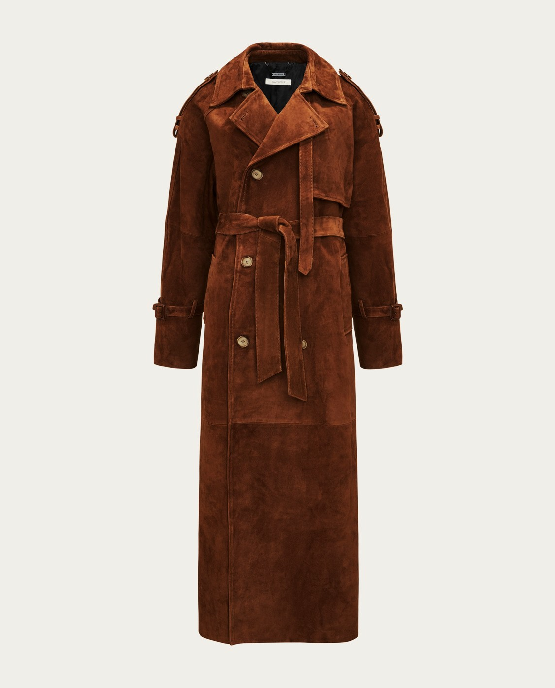 Brązowy skórzany płaszcz z paskiem - Image #4