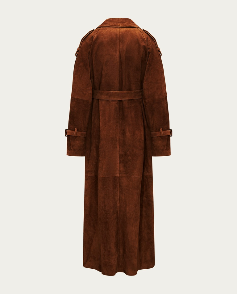 Brązowy skórzany płaszcz z paskiem - Image #5