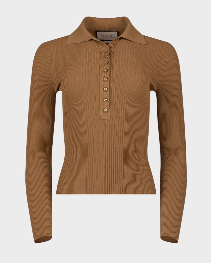 Brązowy prążkowany sweter z kołnierzem polo - Image #0