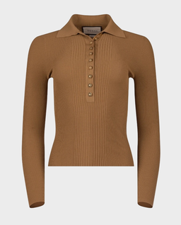 Brązowy prążkowany sweter z kołnierzem polo - Image #0