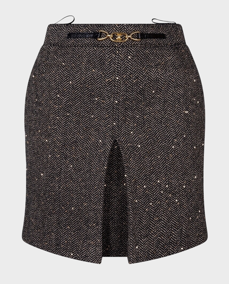 Tweedowa spódnica w jodełkę z plisami i cekinami
