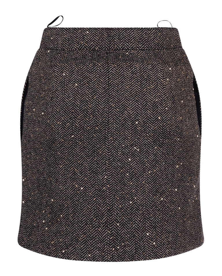 Tweedowa spódnica w jodełkę z plisami i cekinami