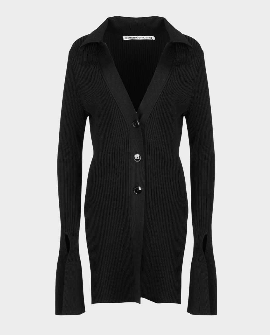 Czarny kardigan z prążkowanej dzianiny - Image #0