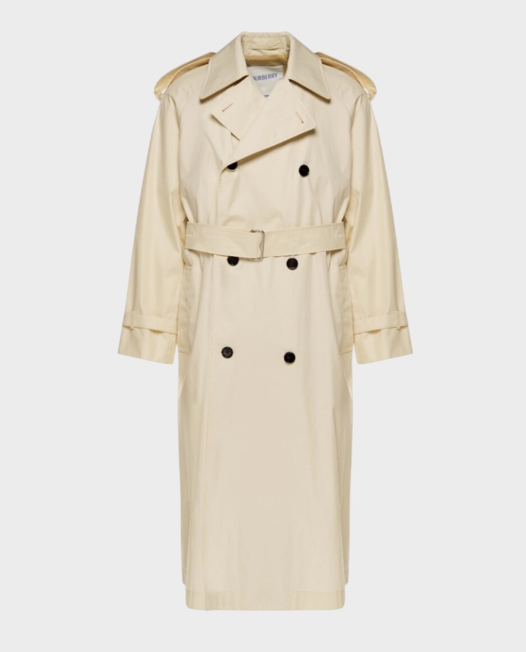 Beżowy dwurzędowy trencz z paskiem