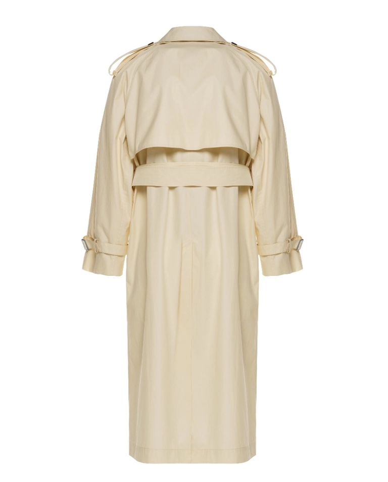 Beżowy dwurzędowy trencz z paskiem