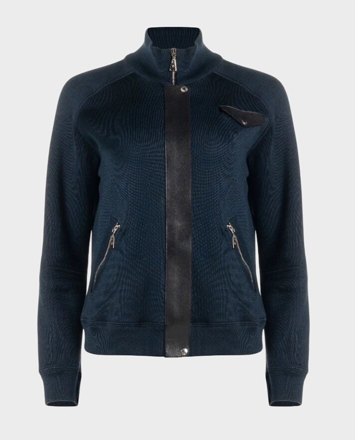 Granatowa kurtka ze skórzanymi elementami