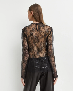 Czarny koronkowy top z długimi rękawami - Image #2