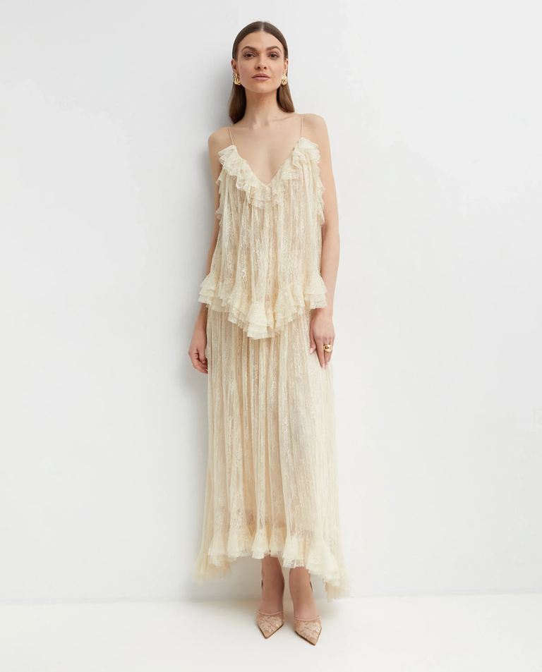 Kremowa maxi sukienka z koronki