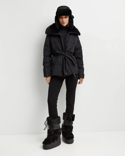 Czarny puchowy płaszcz z kołnierzem - Image #3