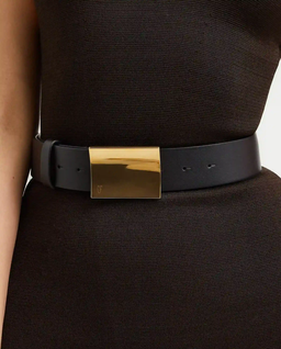 Czarny skórzany pasek ze złotą klamrą - Image #2
