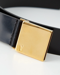 Czarny skórzany pasek ze złotą klamrą - Image #3