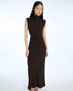 Ciemnobrązowa sukienka midi z marszczeniami - Image #3